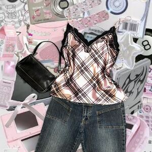 Victoria's Secret Women's Plaid Pink and Black Lace Cami